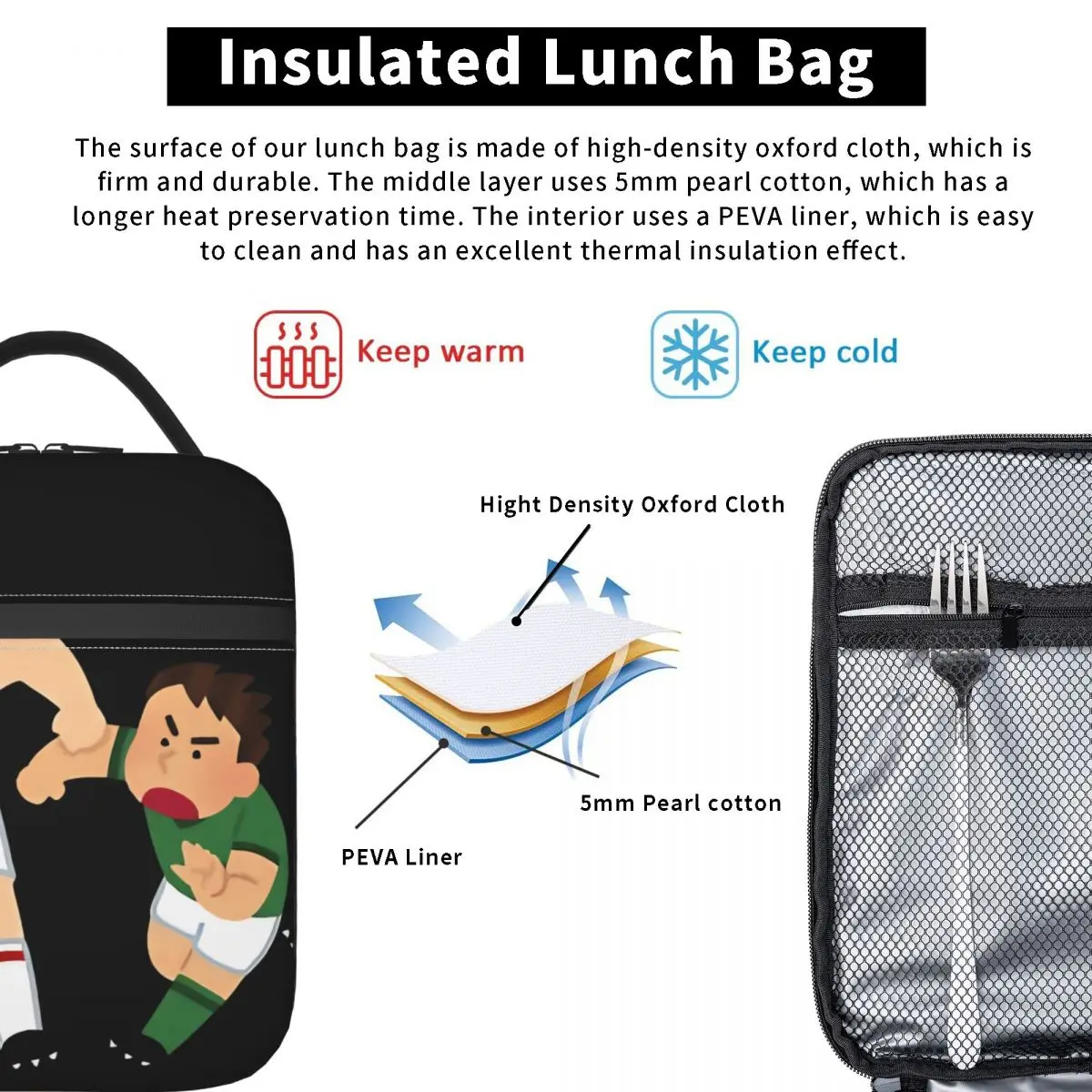 กระเป๋าใส่อาหารกลางวันลาย Clash of Passion & Power สำหรับปิกนิก พกพาสะดวก ใช้ได้ทั้งชายและหญิง ทำจากผ้า Oxford ลายกราฟิก