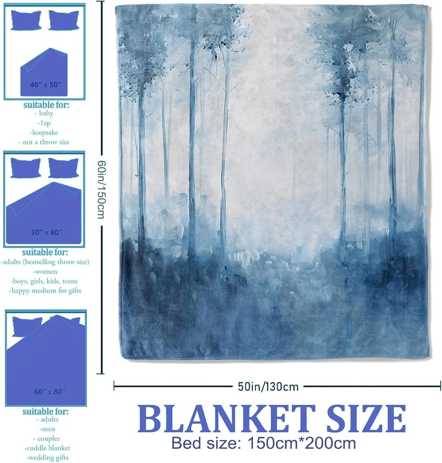 Aesthetic Watercolor Forest Tapestry Blue Boho Wall Throw Blanket Home Decor Abstract Nature Art for Living Room Bedroom