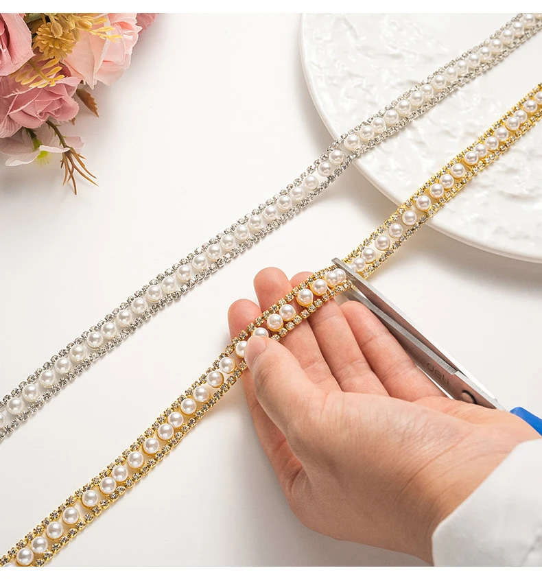 10 Meter Strass-Kette Kristall-Diamant-Accessoire Geschenkdekoration mit Eingelegten Perlen Strass-Band DIY Handwerk Nähzubehör – Detail 2