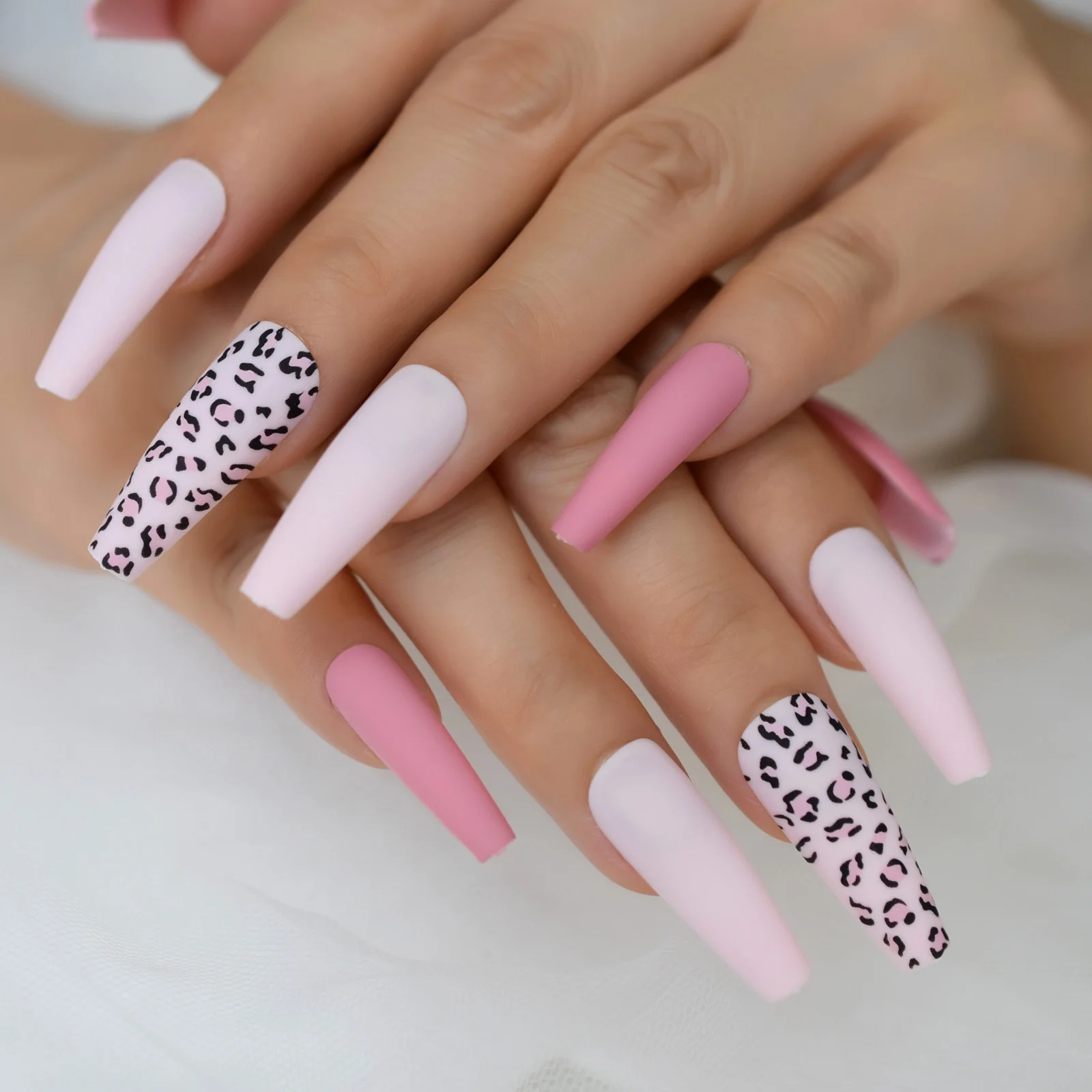Super Long Ballerina Fake Nails Colored With Designs Leopard Pattern Matte False Pink Nails Press On Coffin Square Nails Tips