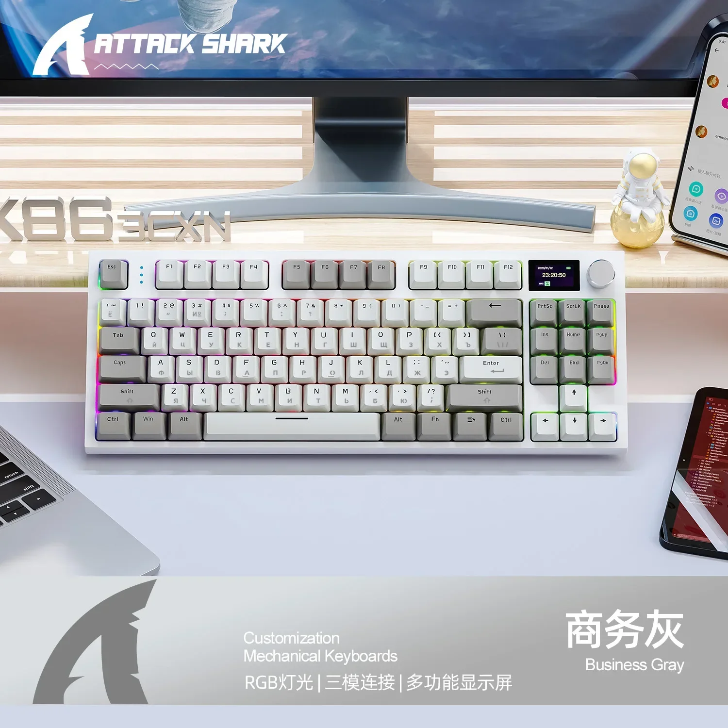 คีย์บอร์ดกลไก K86ลายฉลามโจมตี75% สลับร้อน3โหมด us/ 2.4G/Bluetooth RGB Light เค้าโครงแป้นพิมพ์ไร้สายเกมส์ PC คีย์บอร์ด