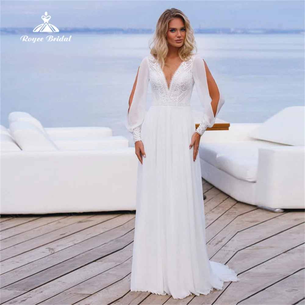 Bohemain 2024 Wedding Dresses V Neck Split Sleeves Simple A Line Vestidos De Novia Lace Sweep Train Bridal Gown Vestido Blanco