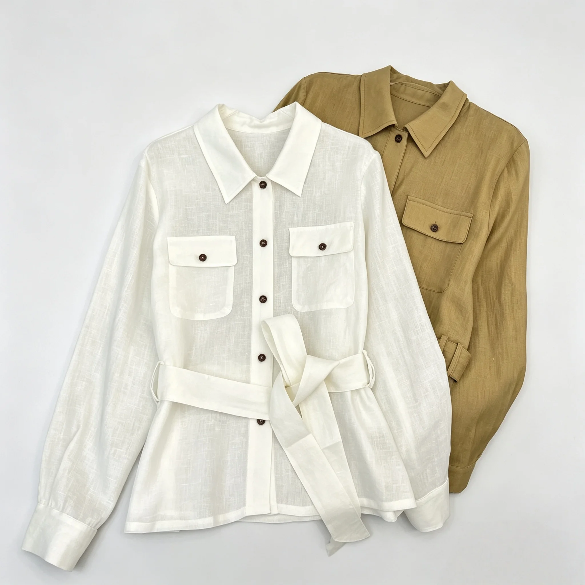 Women Versatile Belted Long Sleeve Shirt
