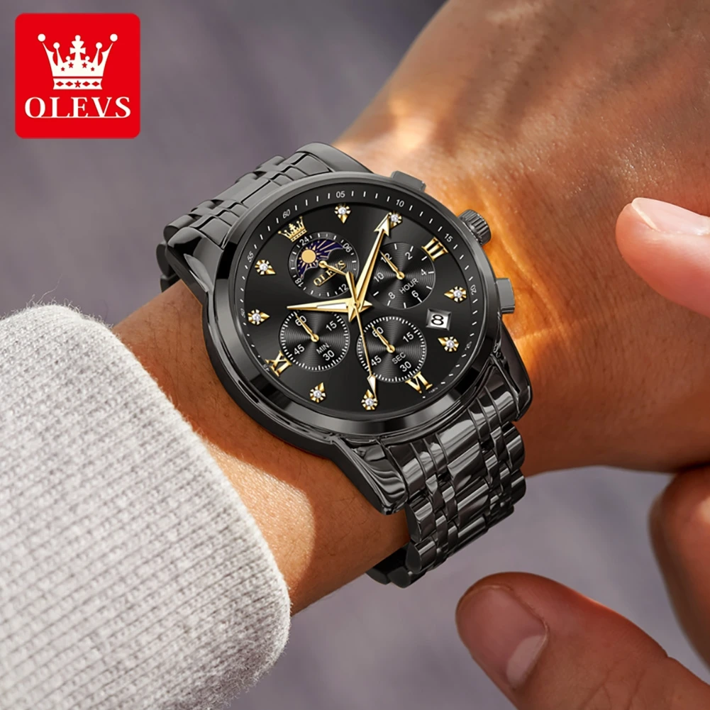 OLEVS Watches Man 3655 Stainless Steel Multifunctional Chronograph Quartz Watch Moon Phase Watches Man Box Gifts Original Reloj