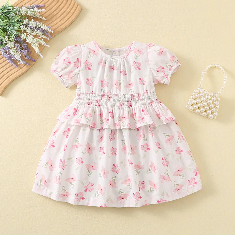 

2024 Dress for Baby Girls Children's Costume Cotton Outfit Thin Breathable Short-Sleeved Clothes Kids Cute Pink Broken Summer