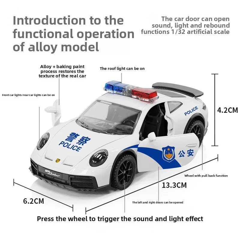 Diecast Toy Vehicle Of 1:32 Porsche 911 Alloy Sports Car Model Sound and Light Pullback Children Boy Birthday Gift Miniature
