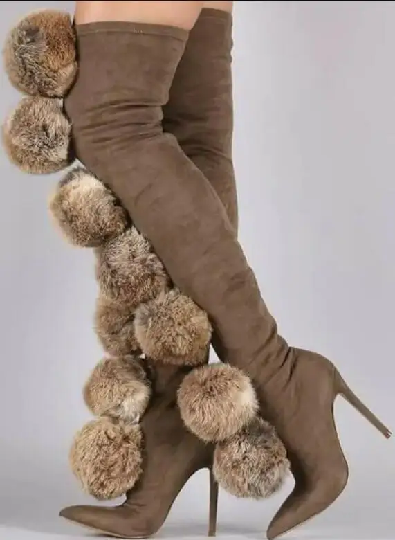 Sweet Pink Furball Botas Women Pom Pom Over The Knee Boots Stretch Suede Boots Sexy Pointy Toe Slip On Ladies High Heel Boots - view 4
