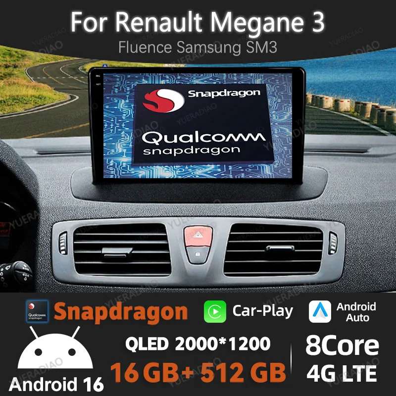 Rádio Automotivo Android 16 para Renault Megane 3 2008 - 2014 Reprodutor Multimídia de Vídeo Estéreo 2K QLED GPS NAVI CarPlay Auto 4G WIFI QLED
