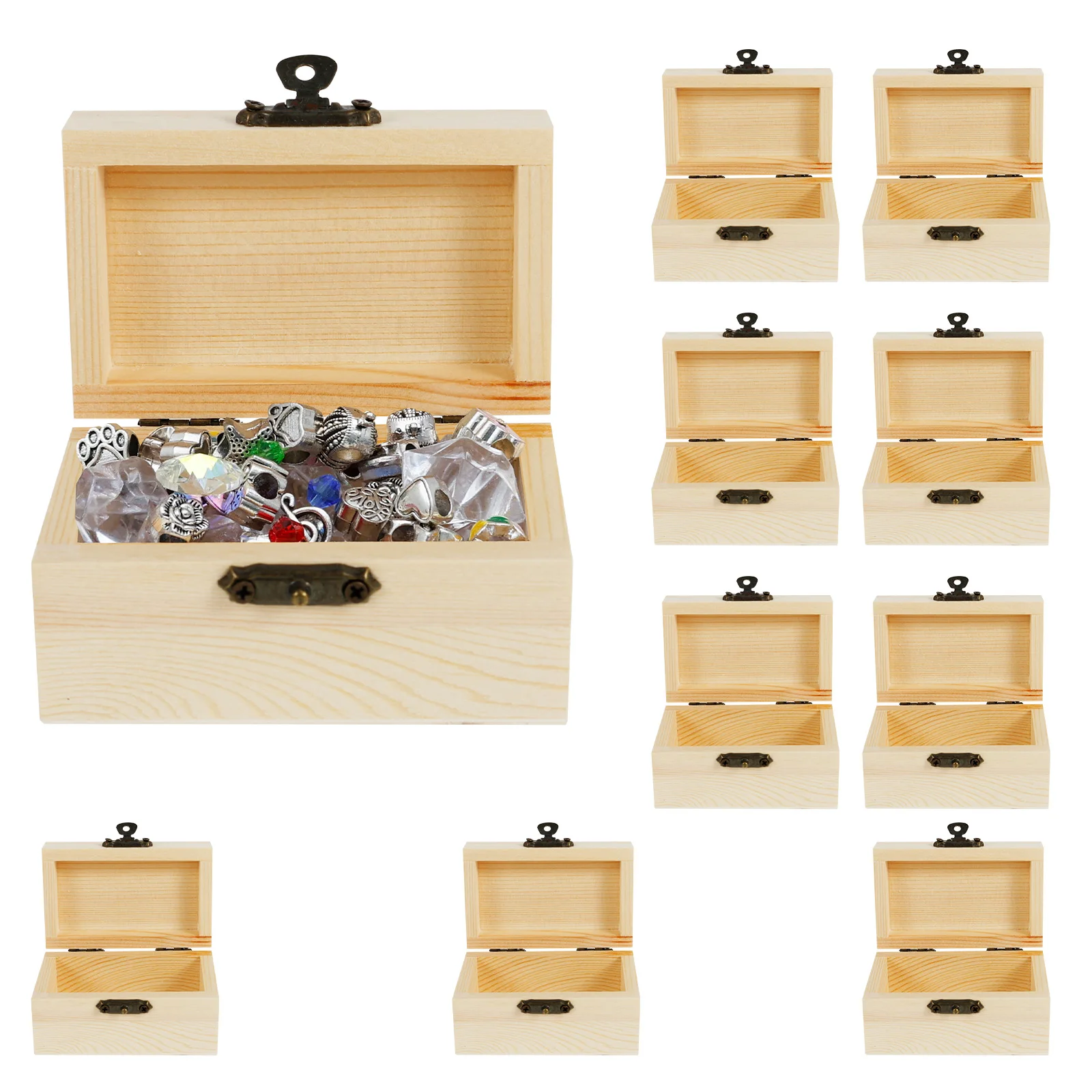 10PCS Mini Jewelry Storage Box Wooden Box with Lid Clasp Locking Unfinished Blank Craft Box Treasure Chest for DIY Painting