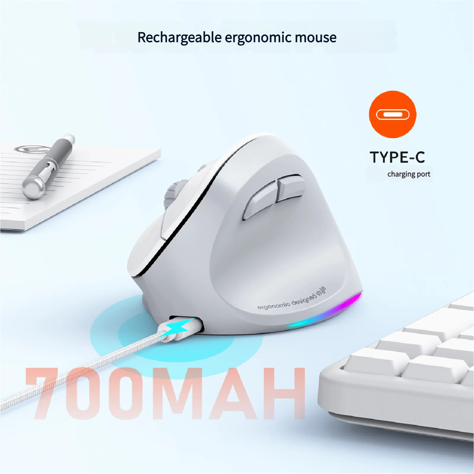 

Эргономичная вертикальная беспроводная мышь для правой руки, версия с черным светом, перезаряжаемая Meetion Mishen Btm010