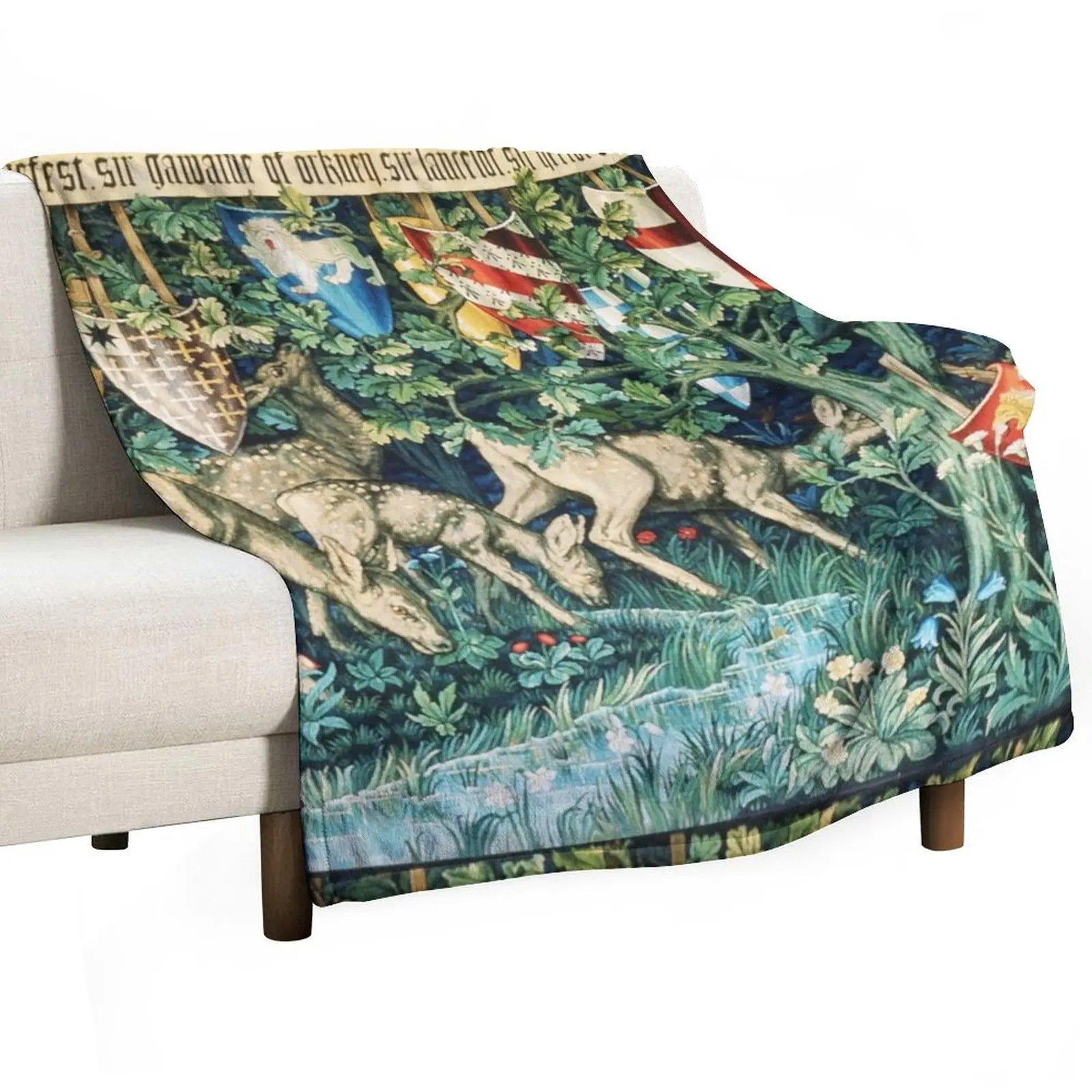 

Holy Grail Tapestry,Verdure with Deers,and Shields in Green Floral Throw Blanket Large Luxury Brand bed plaid Blankets