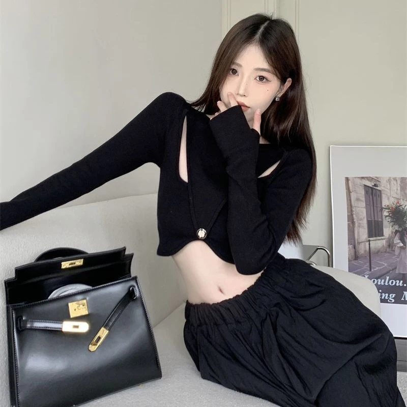 Hotsweet New Irregular Knitted Hollow Black T-shirts Women Fashion Slim Undercoat Long Sleeve Cropped Tops Y2K Girls