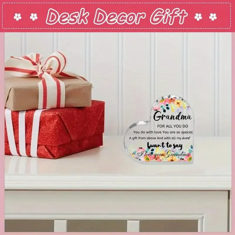 مسطح ثنائي الأبعاد، قطعة واحدة من لوحة الأكريليك على شكل قلب للجدة - تصميم الأزهار مع رسالة ملهمة، هدية عيد ميلاد مثالية