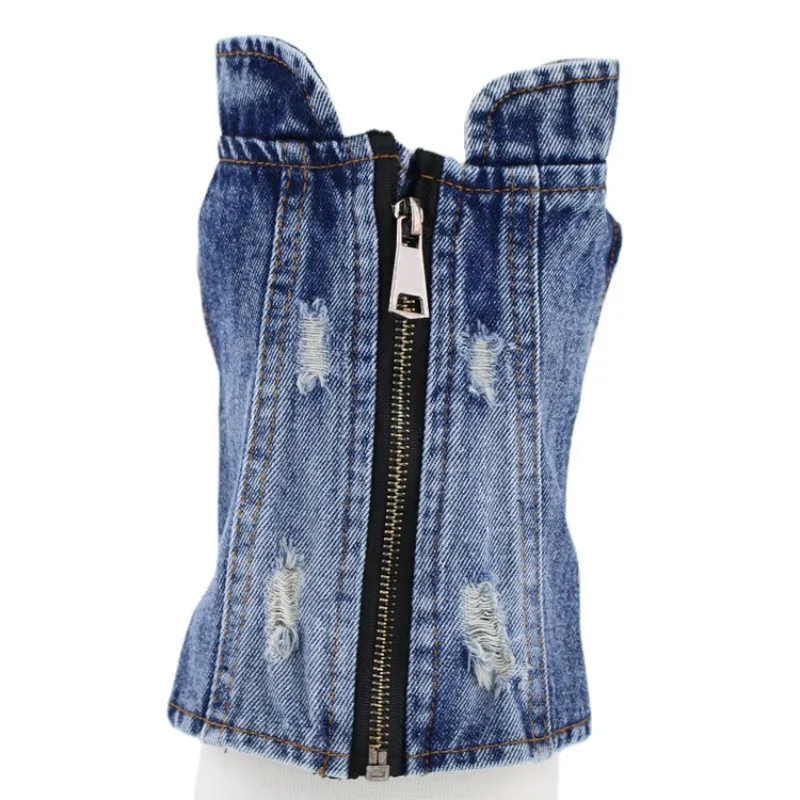 

Pet Clothes Pit Bull Dog Small Dog Costume Brushed Ripped Denim Vest 2024 Spring And Winter New Customizable