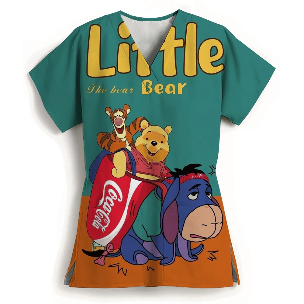 Winnie The Pooh Clinic โรงพยาบาลพยาบาล Workwear ฟัน 3D พิมพ์เสื้อยืดผู้หญิง V คอกระเป๋าทางการแพทย์เสื้อผ้าพยาบาล TOP ทํางาน