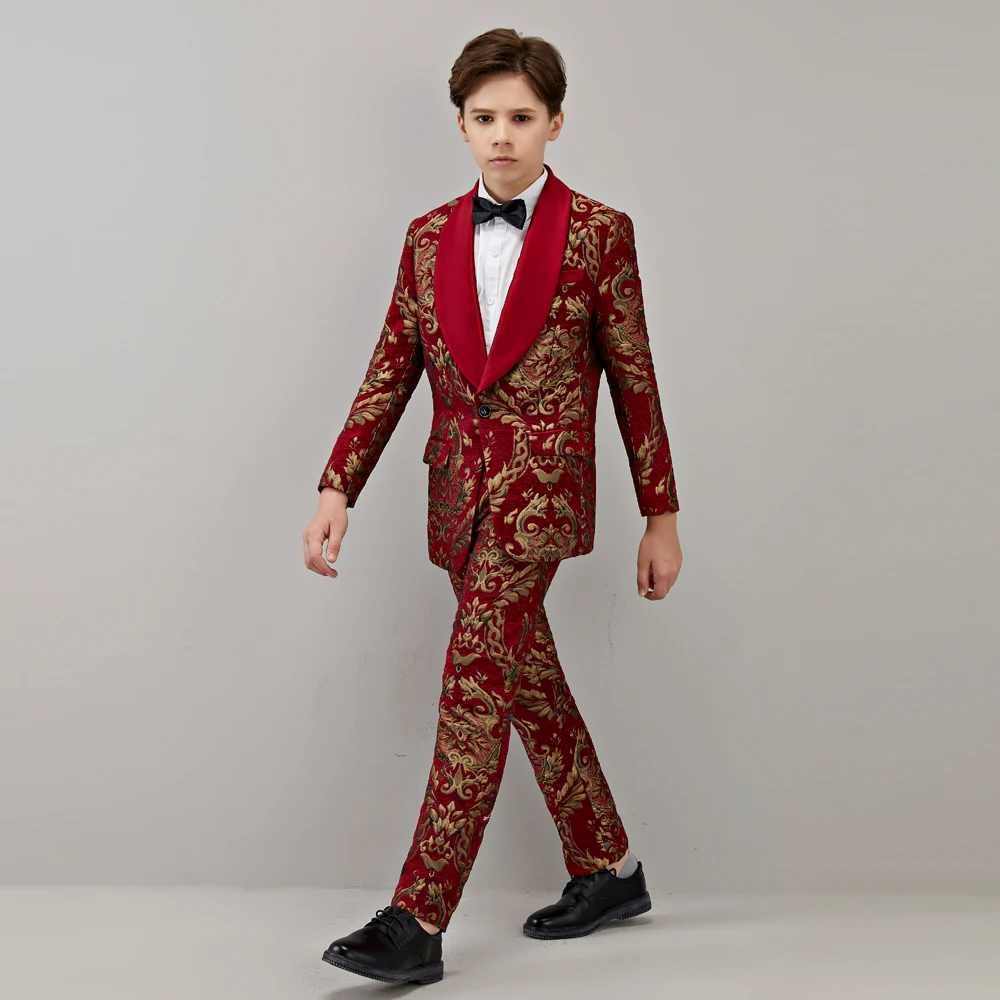 Boy\'s Costume Baby Suits Children Wedding For Boys Blazer Kids Prom  Formal Clothes Evening Dresses 2PCS Wine Red Jacquard Lapel