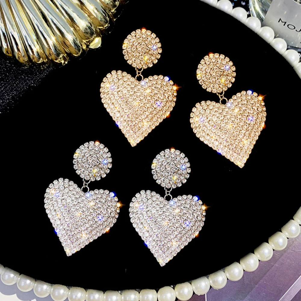 LATS New Heart Earrings Women\'s Luxurious Geometric Full Rhinestone Earrings Korean Gold Color Love 2020 Fashion Jewelry