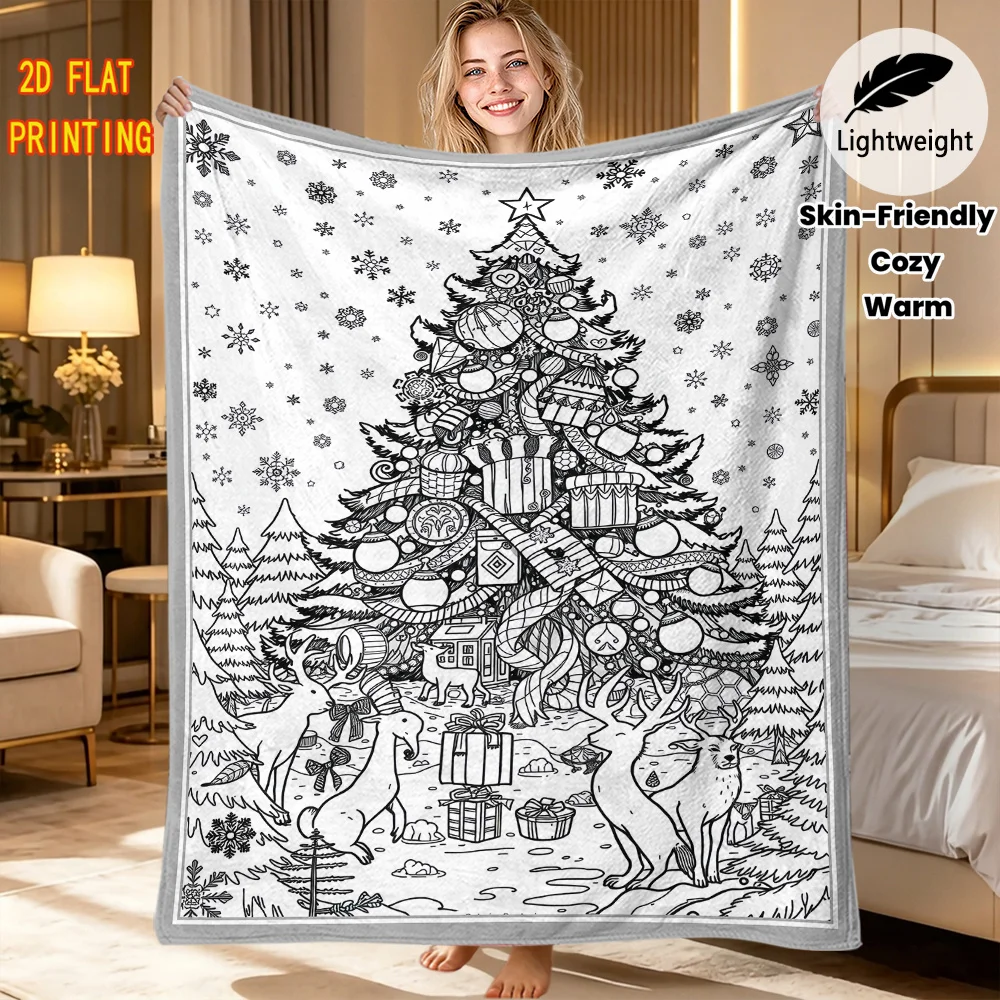 Hand Drawn Christmas Reindeer Pattern DIY blanket Cozy Flannel Blanket Creative Coloring Throw for Holiday Present