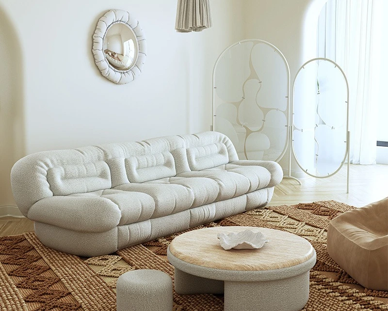 French retro cream style, cloud fabric medium ancient style, snowflake velvet straight row creative module sofa