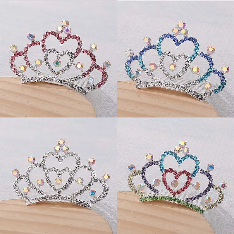 Girls Hair Accessories Mini Crown for Kids Bling Rhinestone Tiaras Hair Combs Princess Diadem Love Heart Shaped Headbands