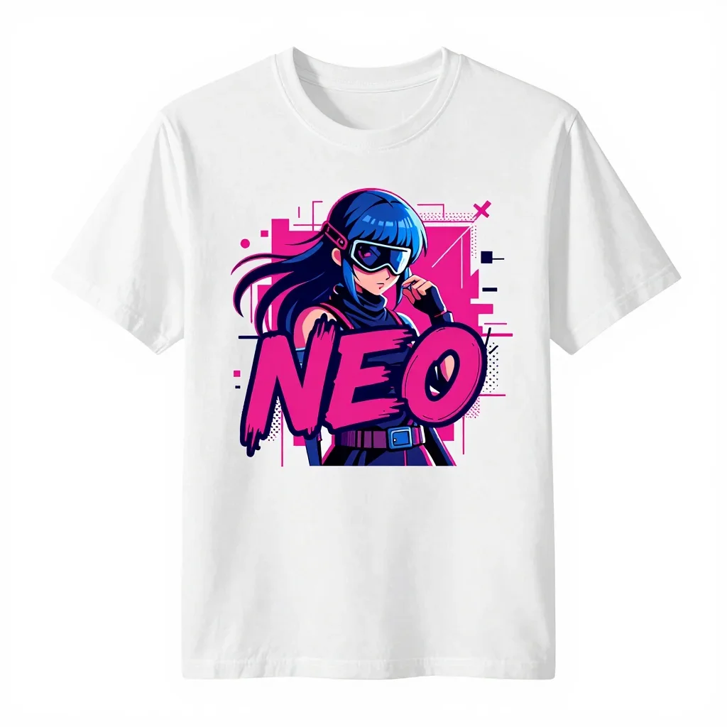 Unisex Retro Neon 'NEO' Cyberpunk Anime Girl Print T-Shirt Harajuku Casual Cotton Short Sleeve Sci-Fi Anime Lover Top