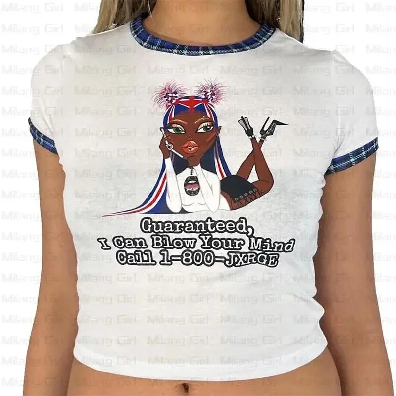 

Fashion Y2K Kawayi girl plaid printing fairy trash summer E girl white cut T-shirt 2000 original Suzukat short-sleeved T-shirt