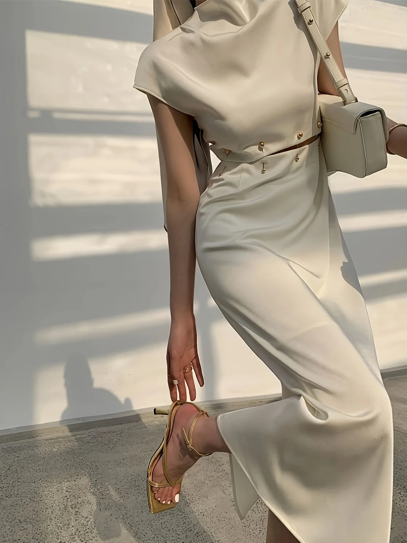 Women's Satin Cowl Neck Cap Sleeve Midi Dress, Waist Cutout Bodycon Formal Dress with Golden Button DetailWhite Satin Cowl Neck Cap Sleeve Midi Dress for Women, Waist Cutout Bodycon Formal Dress with Golden Buttons for Wedding Guest Cocktail