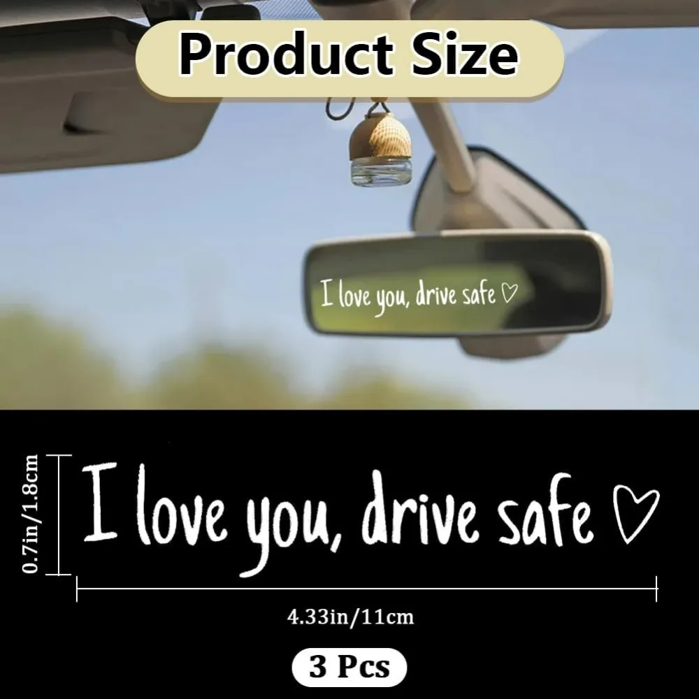 3Pcs I Love You Drive Safe Rearview Mirror Decals White Word Decorative Stickers PVC Waterproof Self Adhesive Car Window Decor