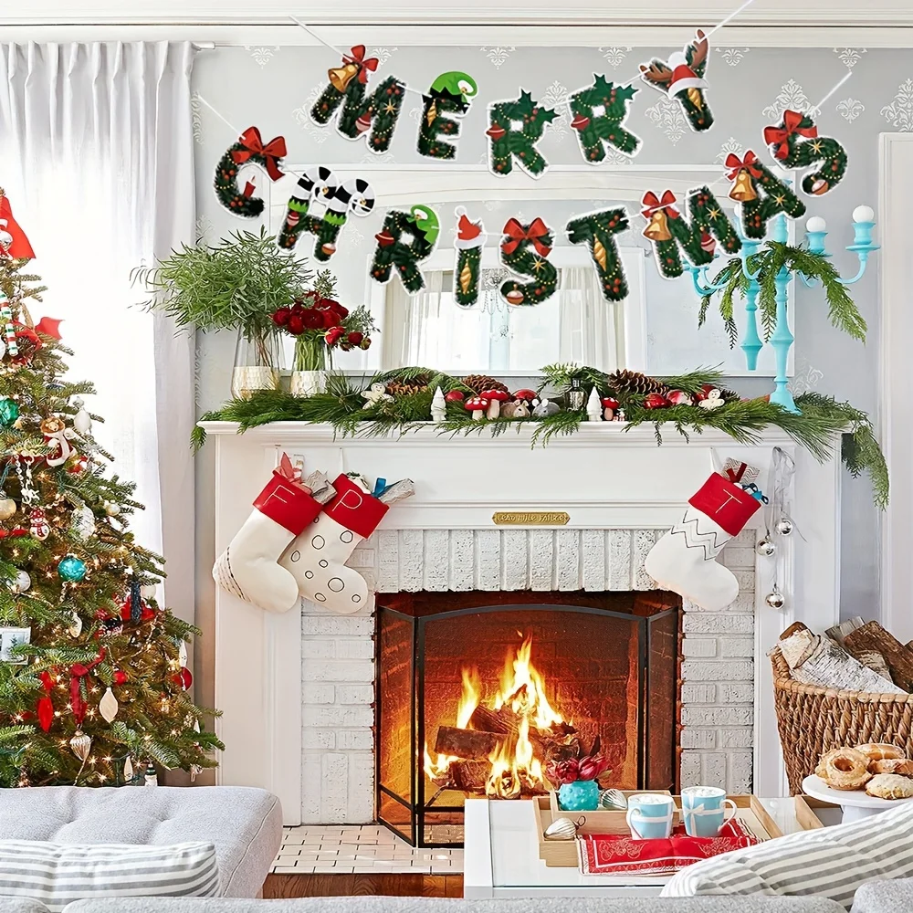 1 Stück festliches Weihnachtsbanner mit Frohe Weihnachten, Buchstaben, Rentier, Schneeflocke, Dekorationen, Urlaub, Party, Weihnachtsdekorationen