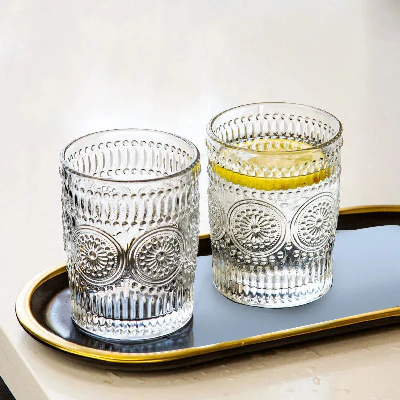 TOPLIVING 2pcs Set Glass Cups Embossed Design Tea Coffee Cups Thickened Heat Resistant Retro Transparent Tea Cup Nordic Style Ju