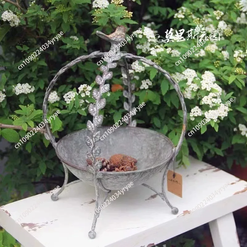 Thick Metal Stable Durable Rustic Vintage Decorative Bowl Riser for Candle,Plants,Fruit, Bird Feed, with Leaf and Bird