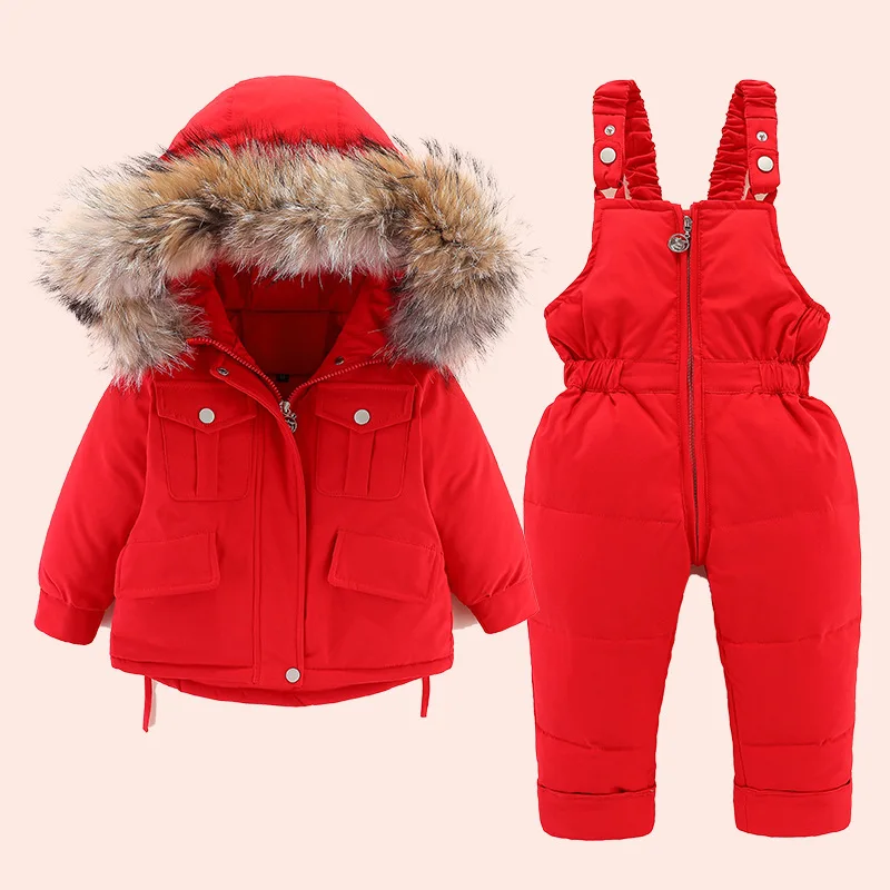 

Infant snowsuit 0-4Year Thicken Warm fur collar jacket for girls 2pcs Set Baby Girl winter down jacket and jumpsuit for children