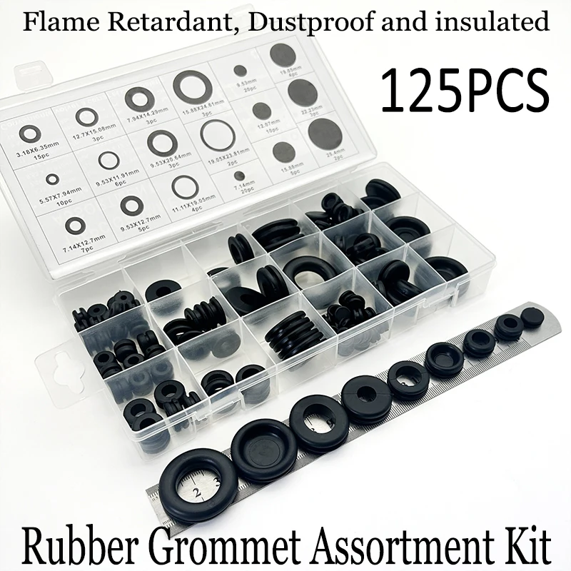 

Rubber Grommet Hole Plug Kit 125PCS Insulat Flame Retardant Dustproof Washers Seals for Car Machinery Electrical Wire Protection