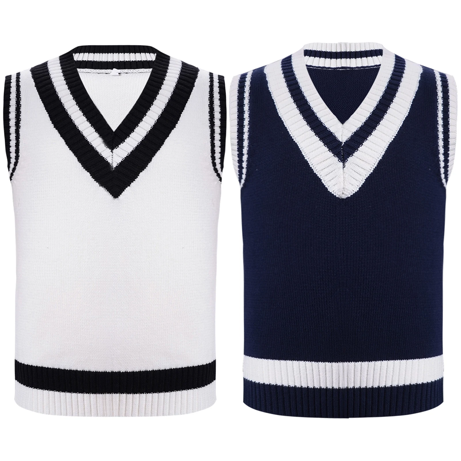 

Boys Girls School Uniform Spring Autumn Striped Trim Knitted Vest V-neck Sleeveless Pullover Children Casual Sweater Waistcoat