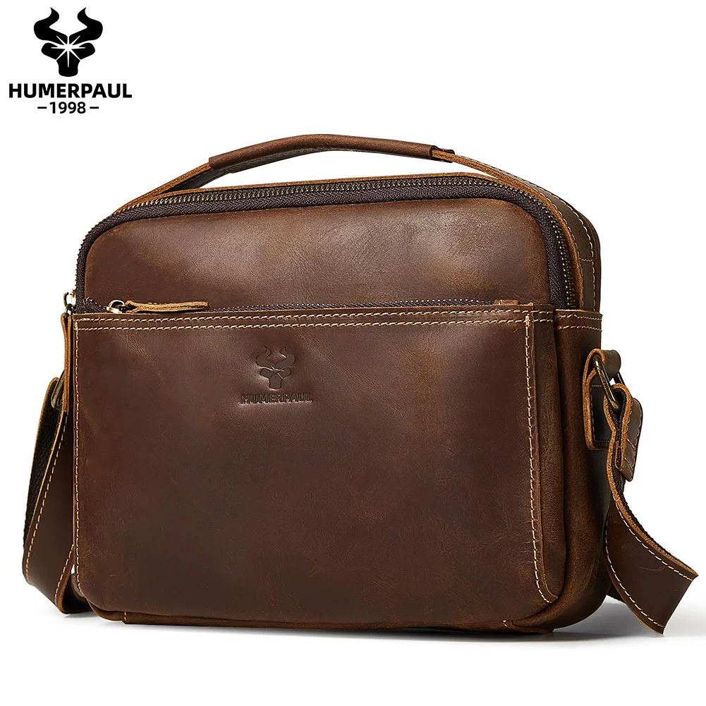 HUMERPAUL Men's Crossbody Bag Retro Genuine Leather Messenger Handbag Crazy Horse Leather Business Shoulder Bag for Work