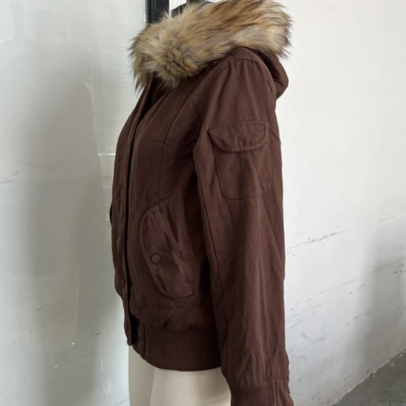 Jaqueta curta com capuz e zíper, gola de pele destacável, casaco sólido, inverno grosso, jaquetas femininas, solto, forrado de lã, casaco quente com zíper