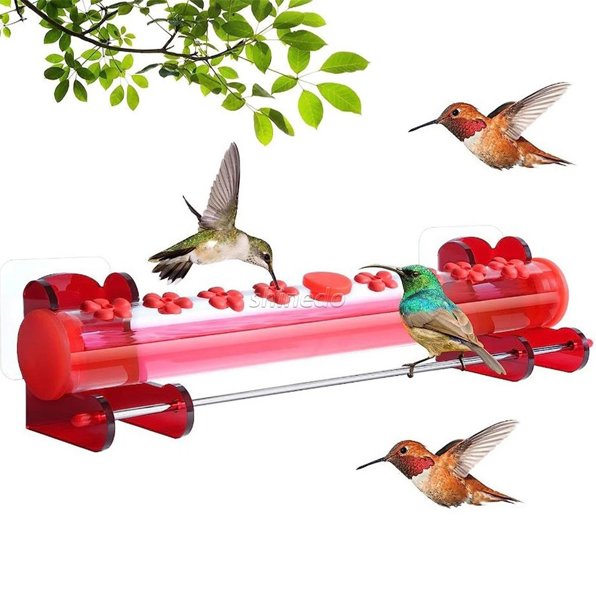 

Plastic Hummingbird Bird Feeder with 8 Flower Ports Effortless Fill Tube Standing Perch and Window Bird Feeder