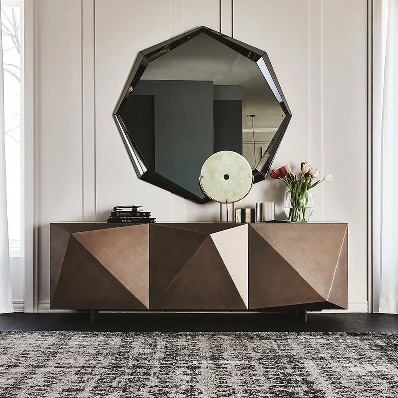 

Italian minimalist light luxury entrance cabinet brushed geometric rhombus designer TV cabinet high villa dining side cabinet