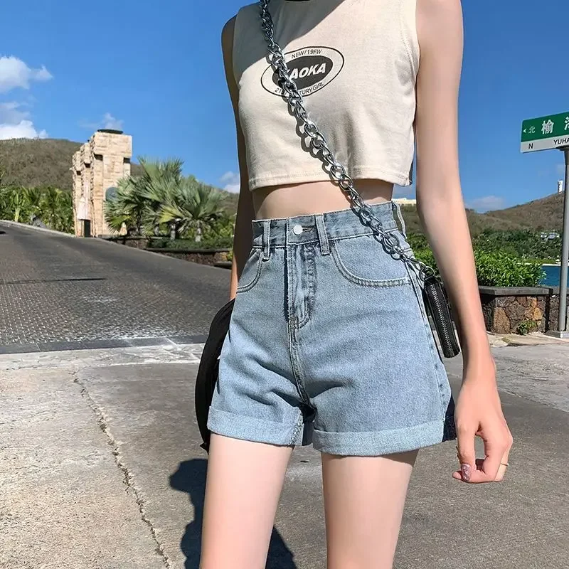 Short en jean noir et gris pour femme, vêtement d\'été taille haute