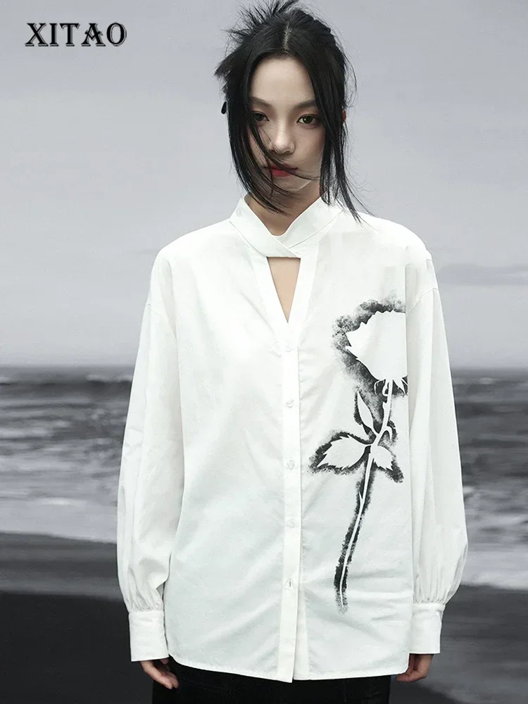 

XITAO Print Hollow Out Single Breasted Women Shirt Contrast Color Long Sleeve Loose All Match Temperament Casual Shirt GMM1342