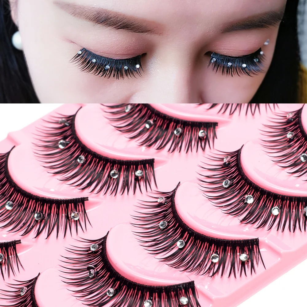 5 Pairs Makeup Diamond False Eyelashes Set Show Catwalk Party Shinny Eye Lashes Handmade Eyelash Shinning Cosmetics
