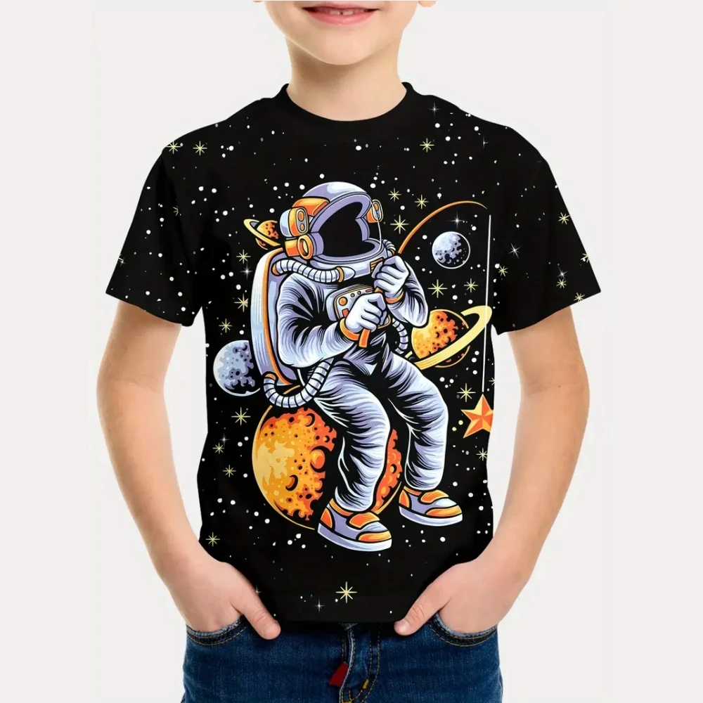 

2025 Kids Clothes Summer Cartoon Astronaut Round Neck Short Sleeve Graphic T Shirts Fun Children's Clothing T-Shirt for a Boy