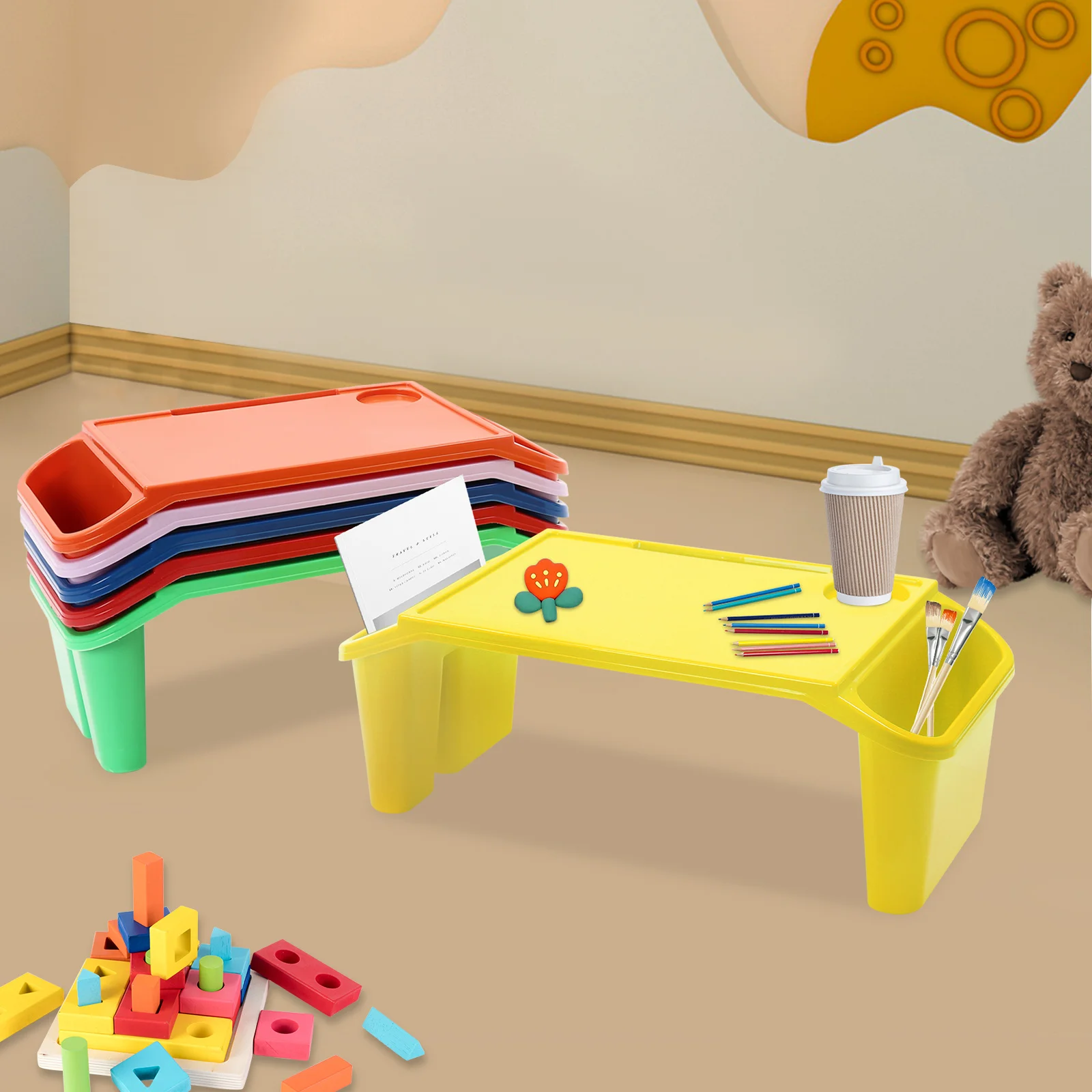 6 Pcs Kids Lap Desk Tray, Plastic Breakfast Lap Desk Trays with Side Pockets and Slot, for Eating, Writing, Drawing, Game