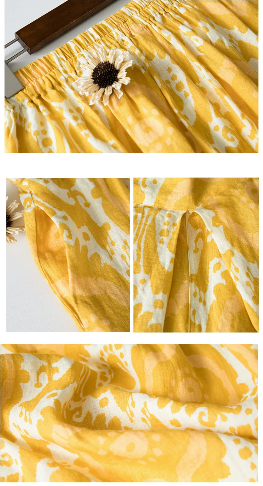 Bedruckte, lockere Leinenhose mit weitem Bein für Damen, verkürzte Hose mit elastischem Bund, lässige, vielseitige Rockhose, Gelb – Detail 4