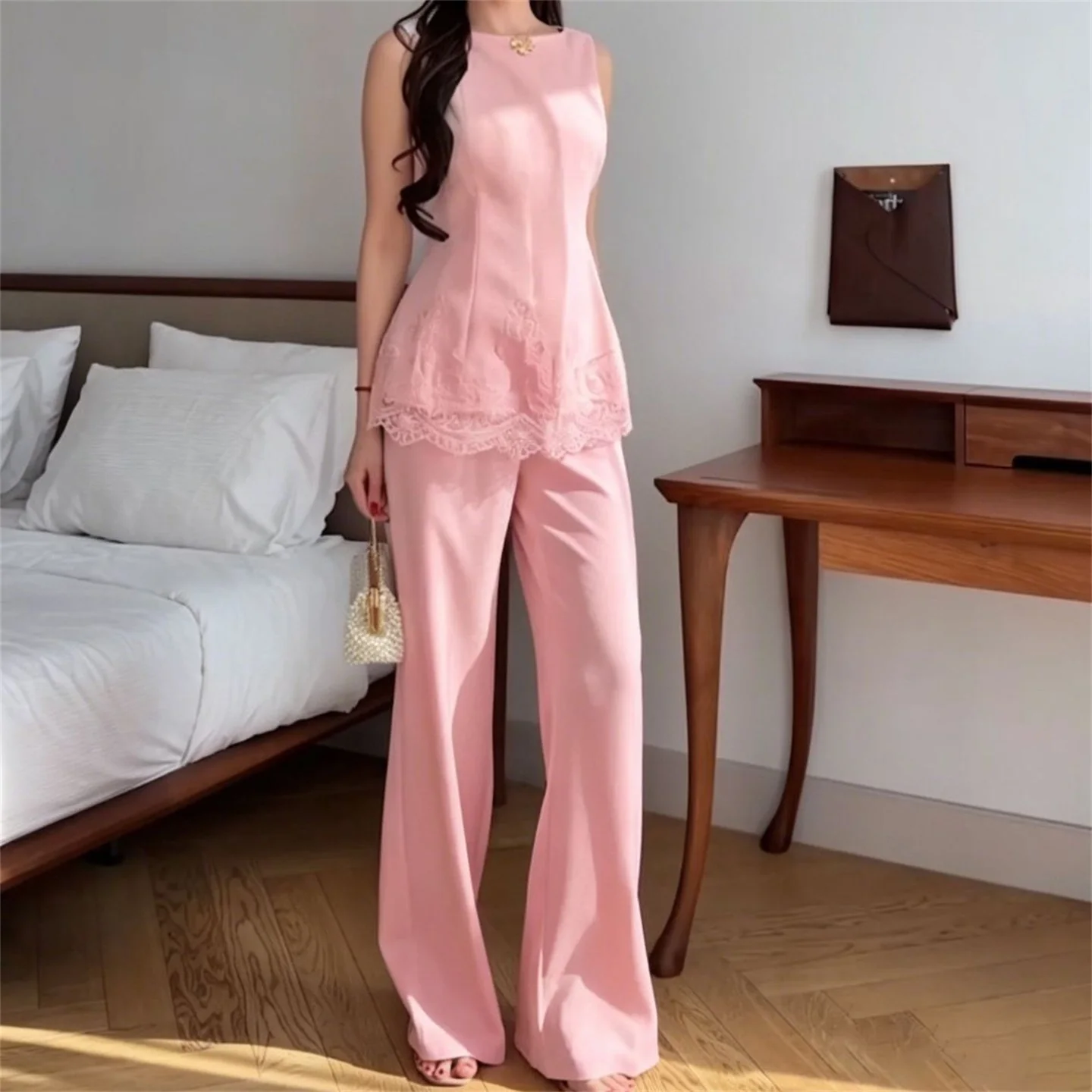 

Summer Lace Women Pants Set 2 Pcs Vest+Long Trousers Party Prom Coat Casual Holiday Beach Formal Office Wedding Birthday Wear