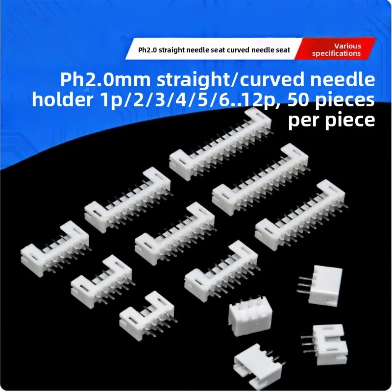 

50pcs PH2.0 Right-angle & Straight Pin Header Connector, 2.0mm Pitch Terminal Plug, 2P/3P/4P to 12P Connector