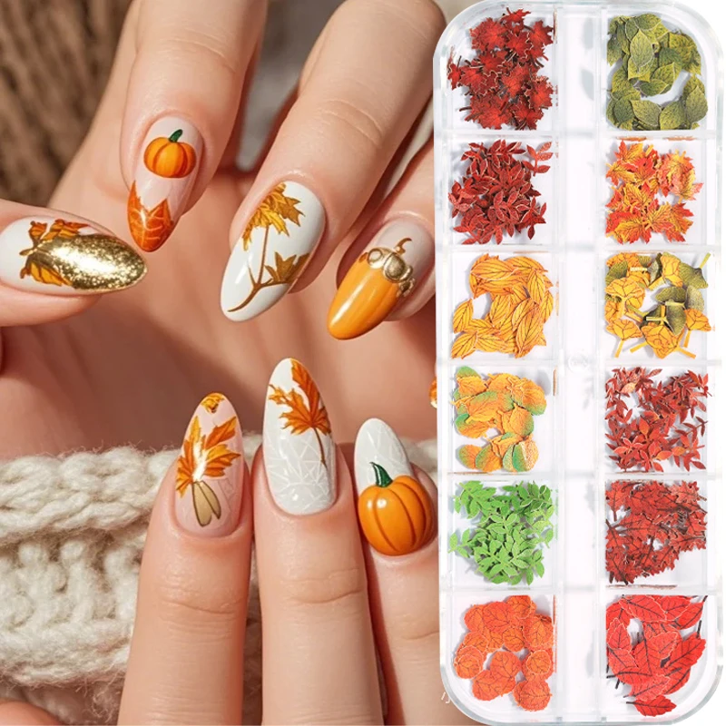 12Grids Autumn Faux Maple Leaves Nail Sequins Set Simulated Flower Christmas Design Decor DIY Charm Manicure Accessories Slices