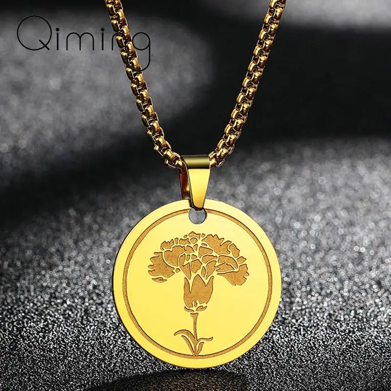 Stainless Steel Personalized Carnation Flower Pendant Necklace Women Boho January Birth Flower Necklace Gift