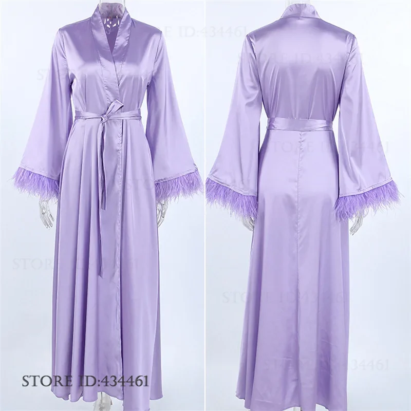 Luxury Ice Silk Female Long Robe Home Dress Elegant Purple Feather Cuffs Bathrobe Night Dress Loungewear Fashion Loose Sleepwear