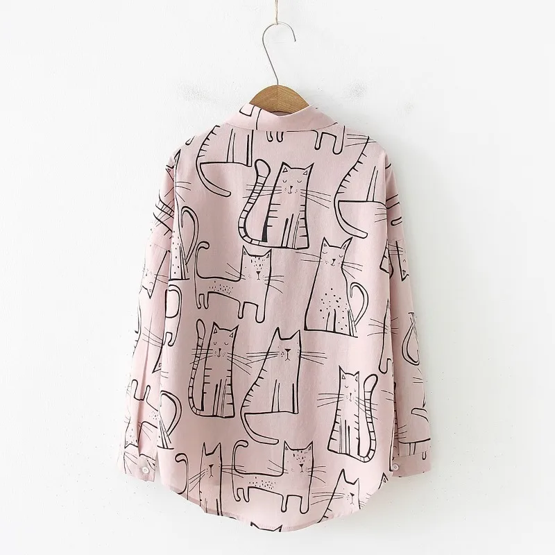 Spring Summer 2024 New Vintage Fashion Women Long Sleeve Shirts Cute Cat Print Shirt Female Loose Casual Blosues Lady Tops 6828